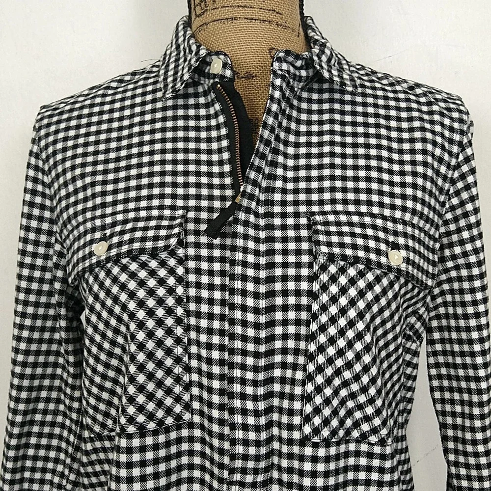J.Crew Mercantile Popover Top Women XS Black White Gingham Zip Plaid Shirt